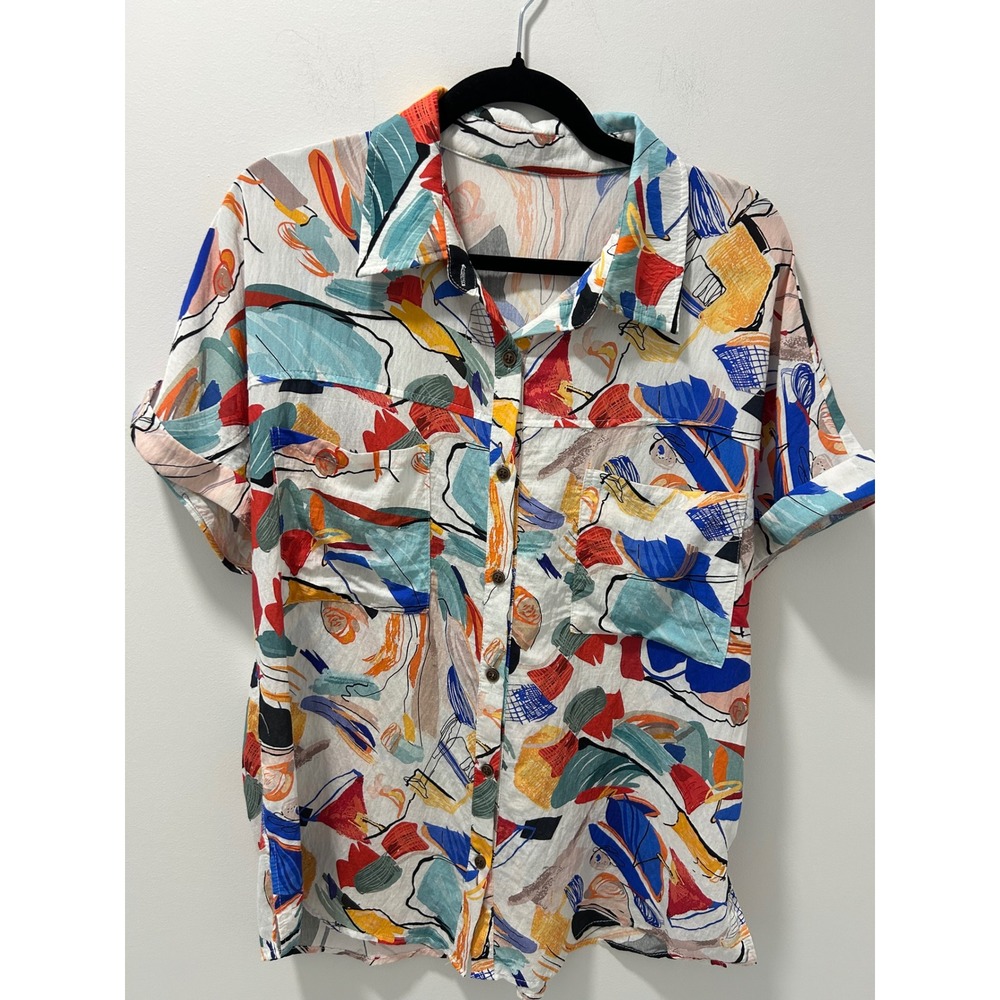 Histor Womens Abstract Art Print Short Sleeve Button Down Shirt Multi Color L